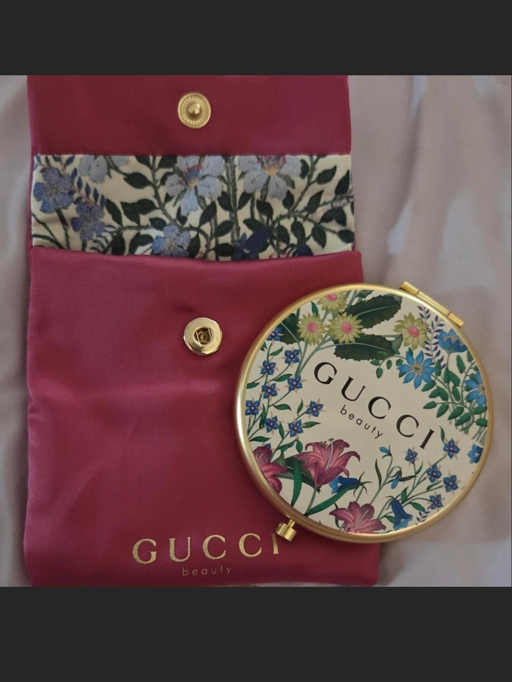 Gucci Floral Compact Mirror with Pink Satin Pouch